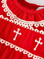 Rylee Faith Designs Red Christmas Baby Girls Romper Cross Embroidery Lace - Everetts Place Boutique - 