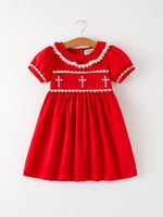Red Christmas Dress for Girls with Cross Embroidery Lace - Everetts Place Boutique - 