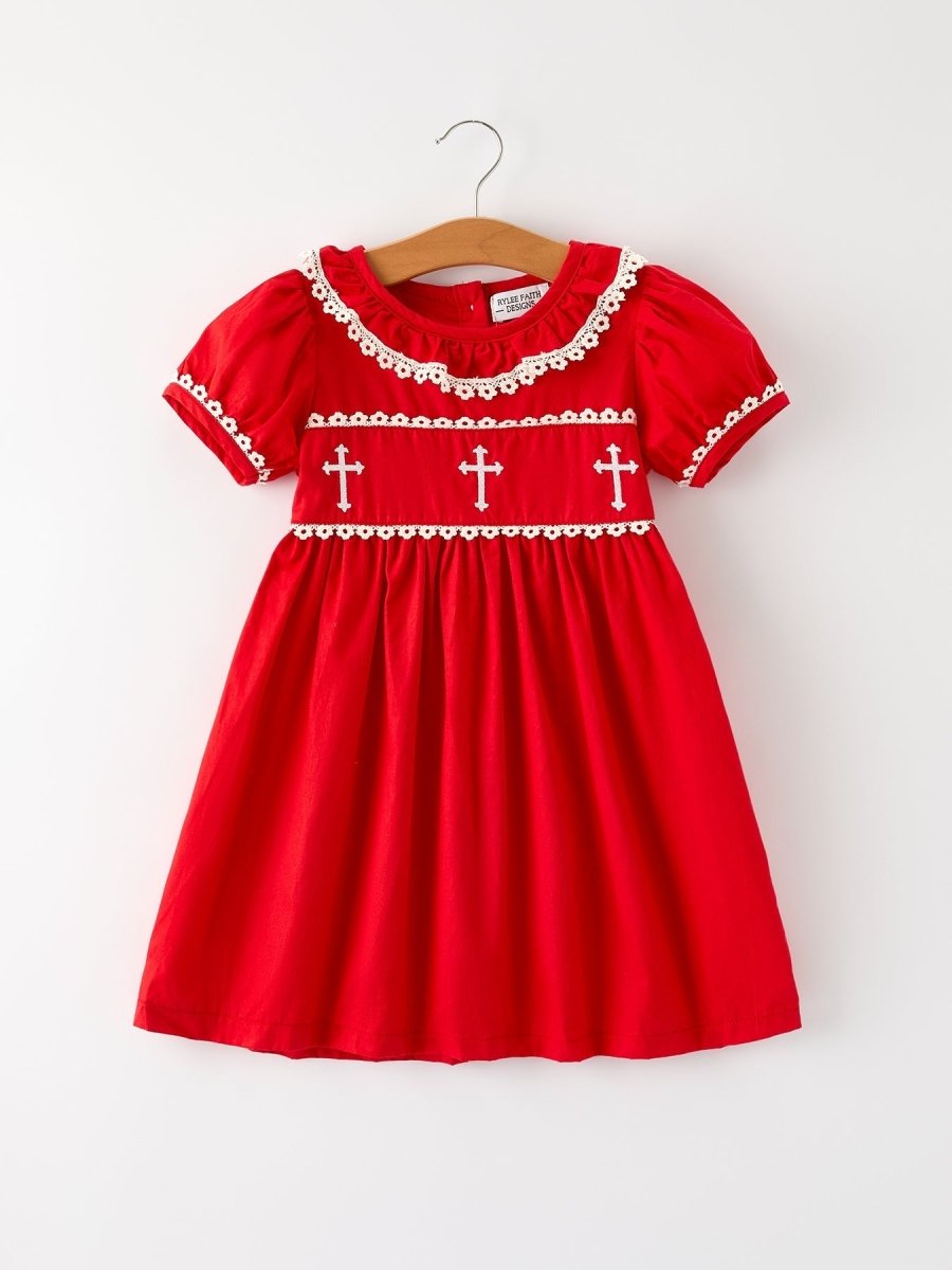 Red Christmas Dress for Girls with Cross Embroidery Lace - Everetts Place Boutique - 