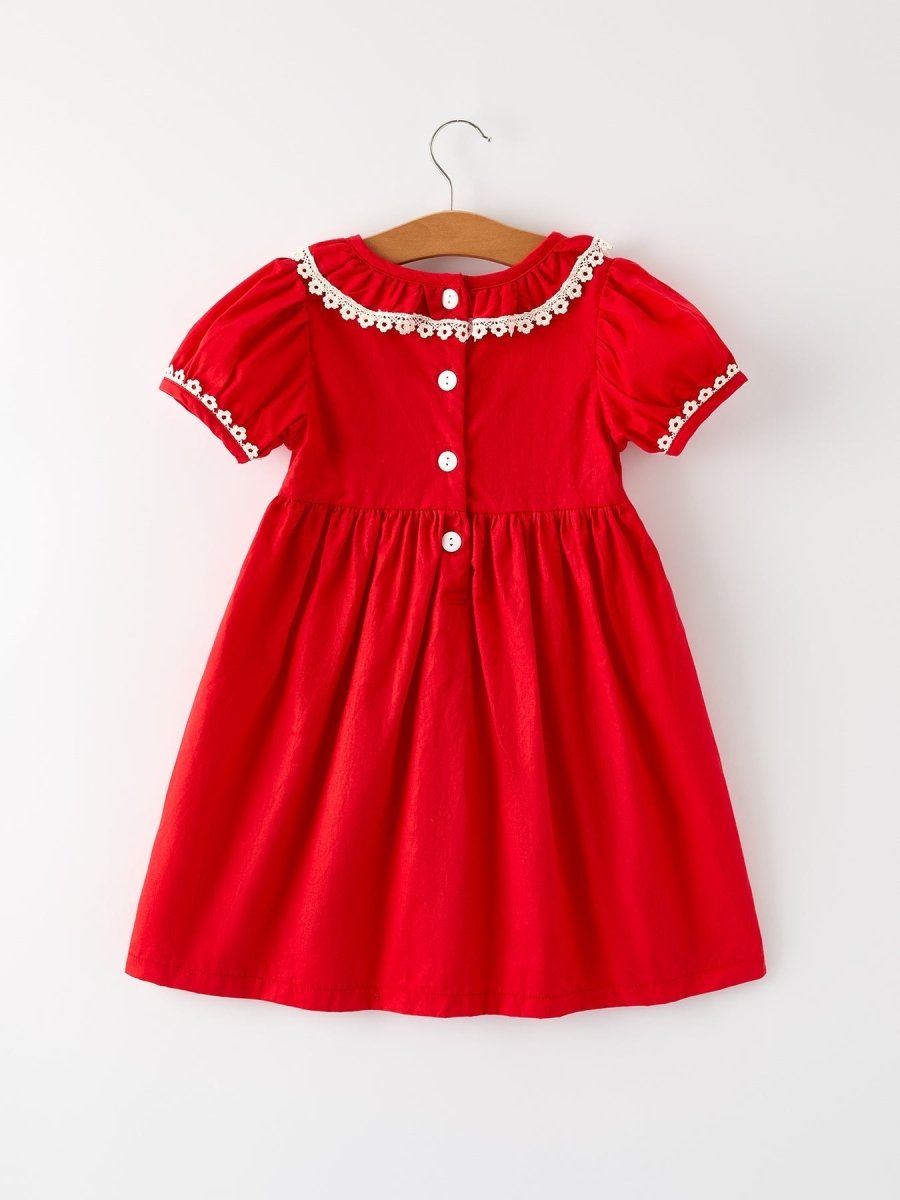 Red Christmas Dress for Girls with Cross Embroidery Lace - Everetts Place Boutique - 