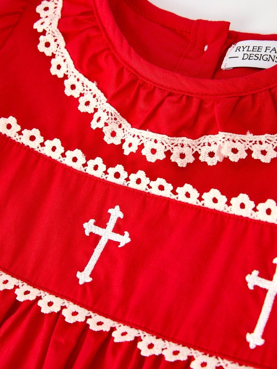 Red Christmas Dress for Girls with Cross Embroidery Lace - Everetts Place Boutique - 