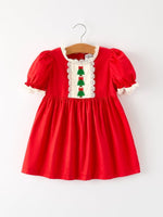 Red Christmas Girls Dress With Embroidery And Lace Trim - Everetts Place Boutique - 