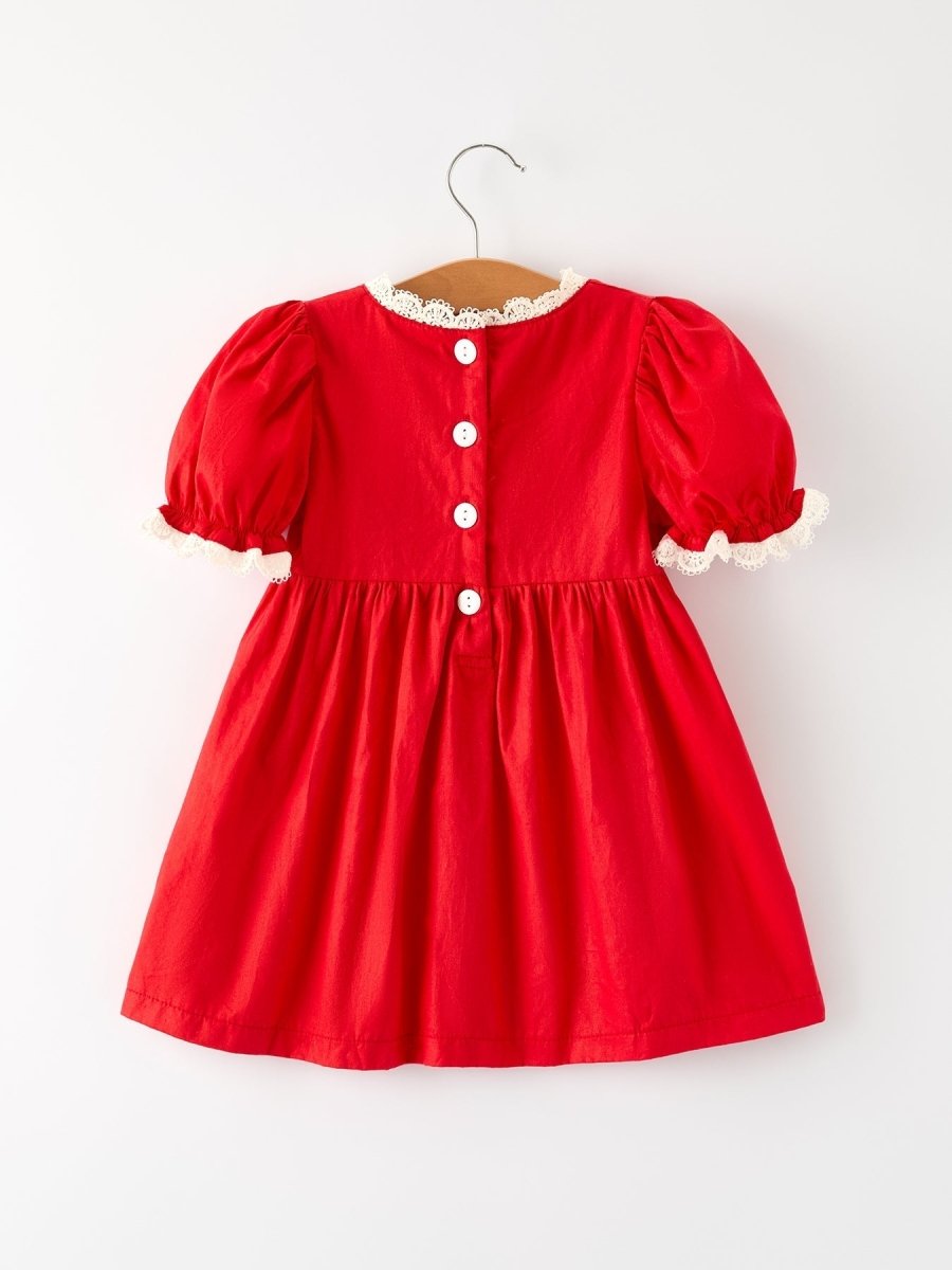 Red Christmas Girls Dress With Embroidery And Lace Trim - Everetts Place Boutique - 