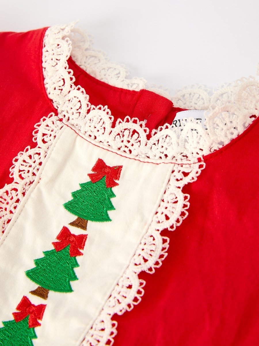 Red Christmas Girls Dress With Embroidery And Lace Trim - Everetts Place Boutique - 
