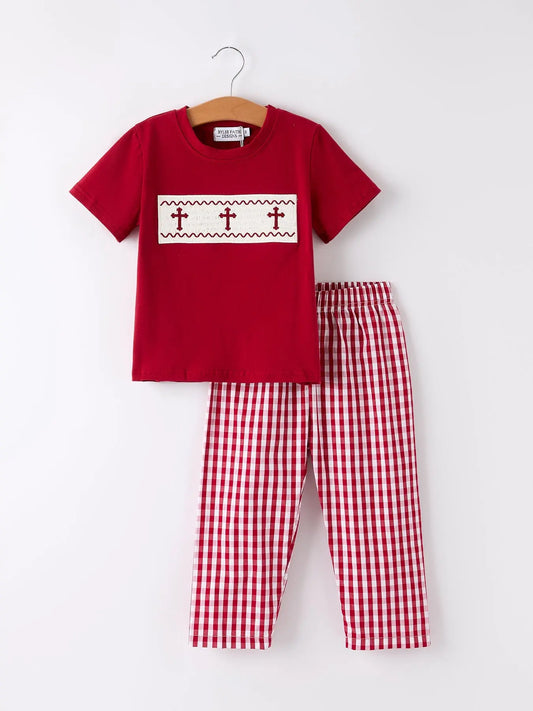 Red Plaid Smocked Church Christ Bishop Christening Boys Set Rylee Faith Designs Everetts Place: Online Boutique