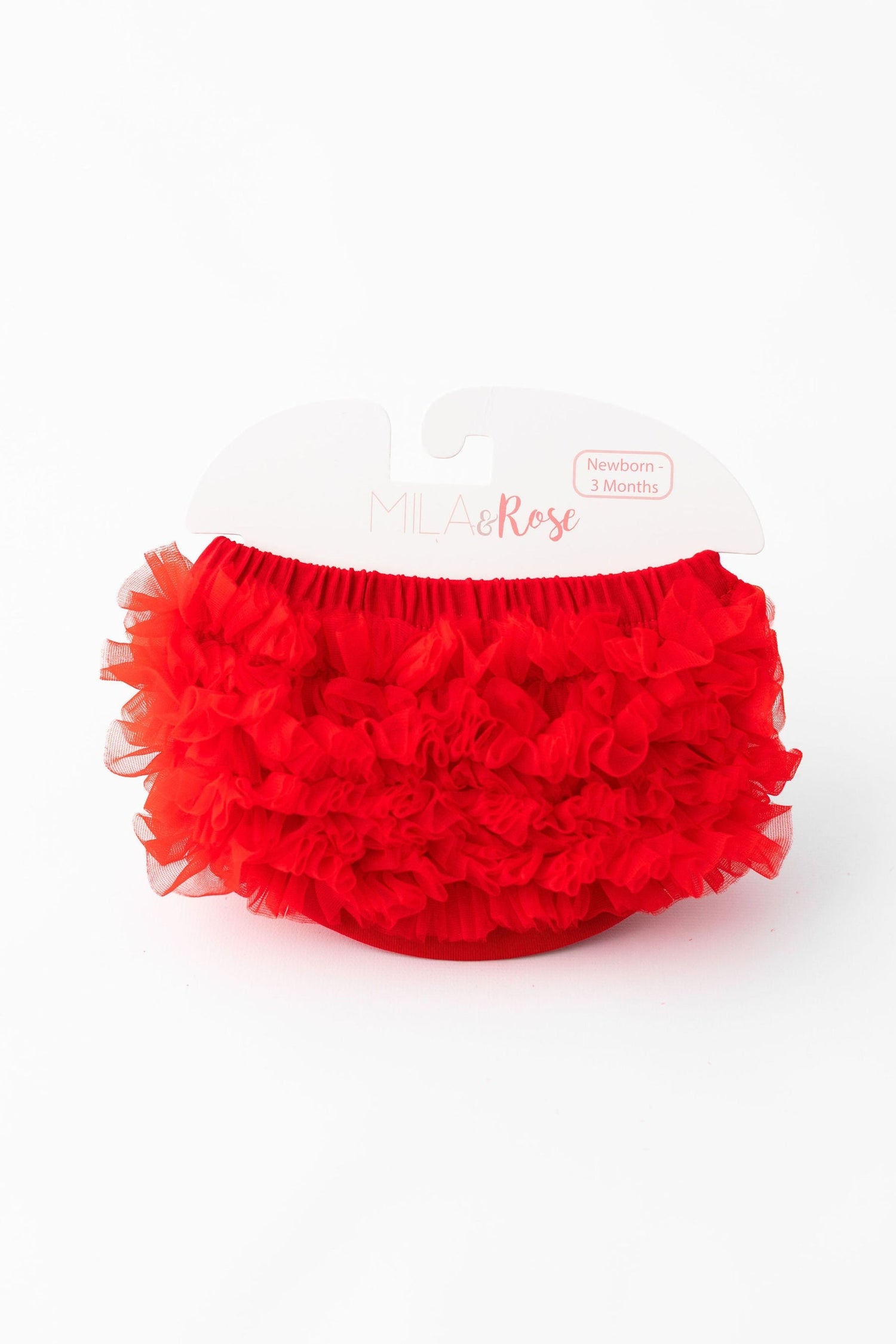 Bright red baby bloomers with rows of ruffles across the back