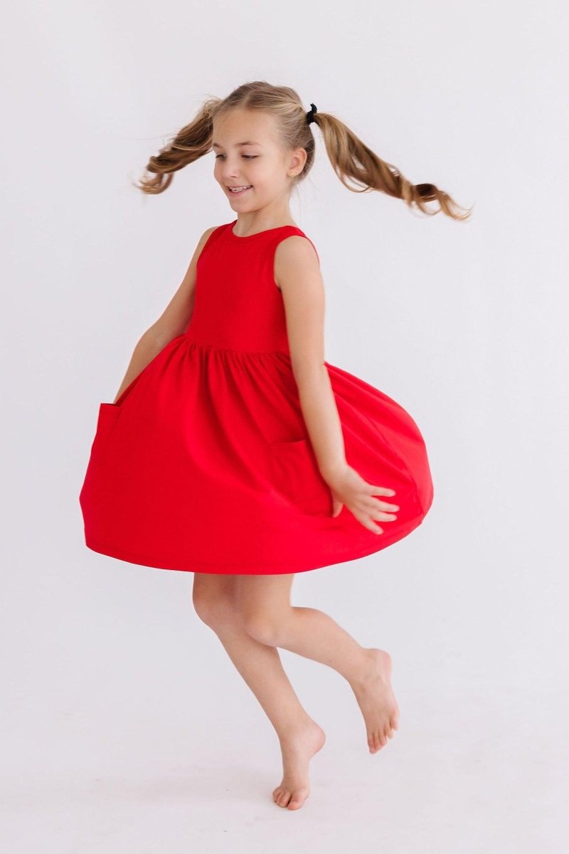 Mila & Rose ® Red Tank Pocket Twirl Dress For Toddler Girls Easy Care - Everetts Place Boutique - 