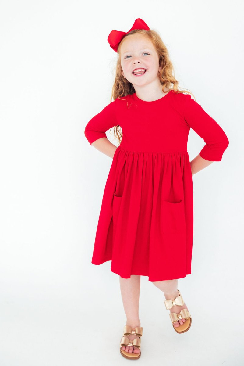 Mila & Rose ® Red Three Quarter Sleeve Pocket Twirl Dress Mila Rose Girls - Everetts Place Boutique - 
