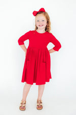 Mila & Rose ® Red Three Quarter Sleeve Pocket Twirl Dress Mila Rose Girls - Everetts Place Boutique - 