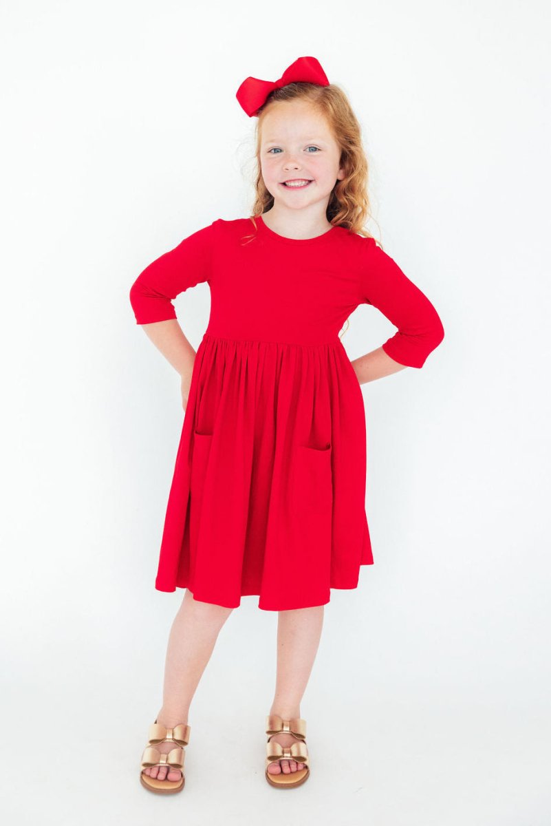 Mila & Rose ® Red Three Quarter Sleeve Pocket Twirl Dress Mila Rose Girls - Everetts Place Boutique - 