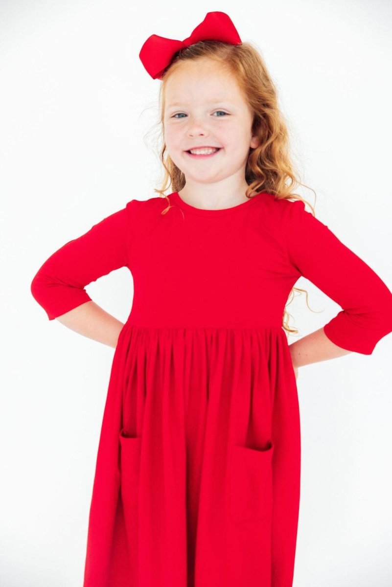 Mila & Rose ® Red Three Quarter Sleeve Pocket Twirl Dress Mila Rose Girls - Everetts Place Boutique - 