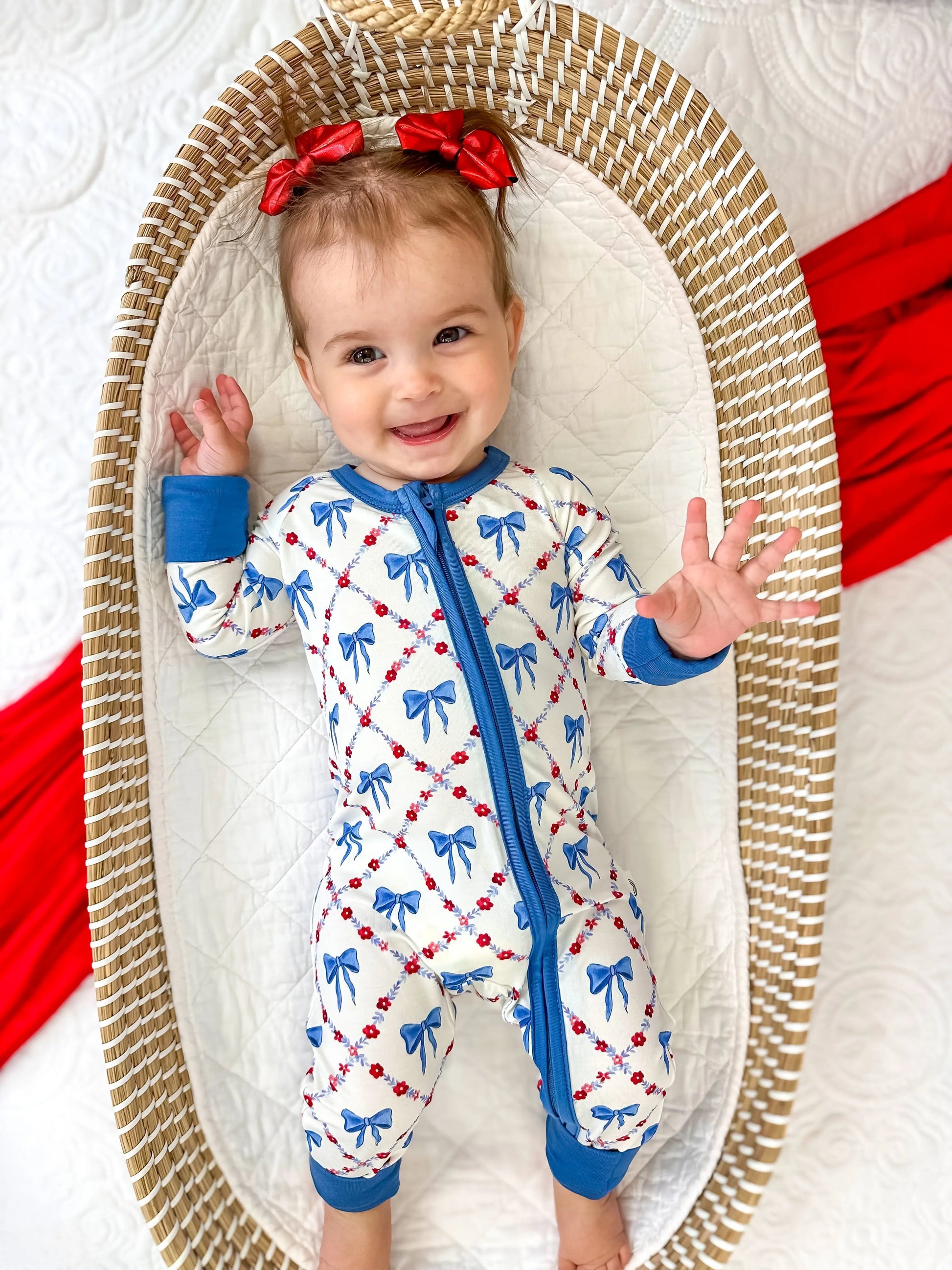 Red White Bows Bamboo Zippy Romper For Baby Girls And Boys Little Joy Co. Everetts Place: Online Boutique