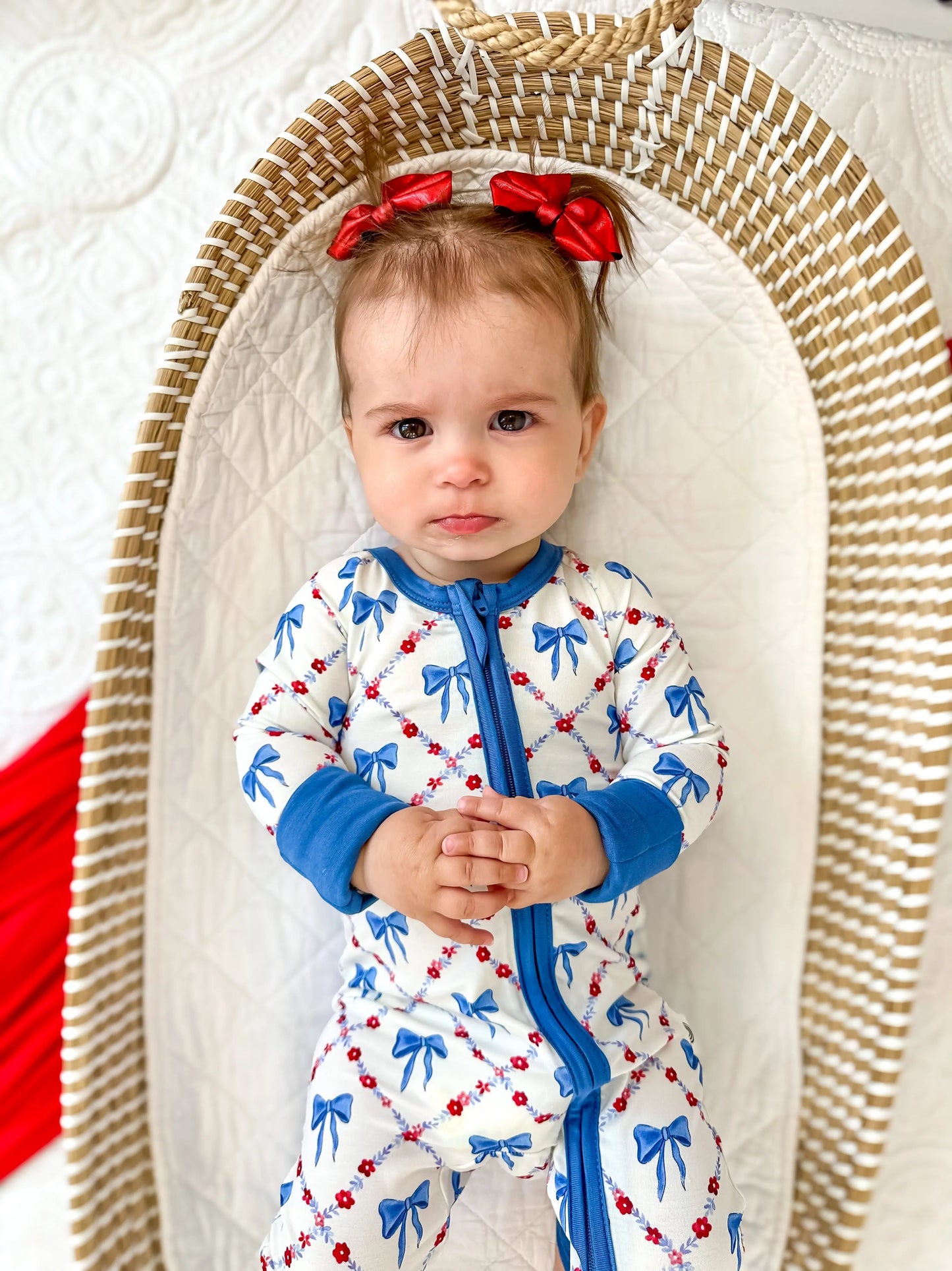 Red White Bows Bamboo Zippy Romper For Baby Girls And Boys Little Joy Co. Everetts Place: Online Boutique