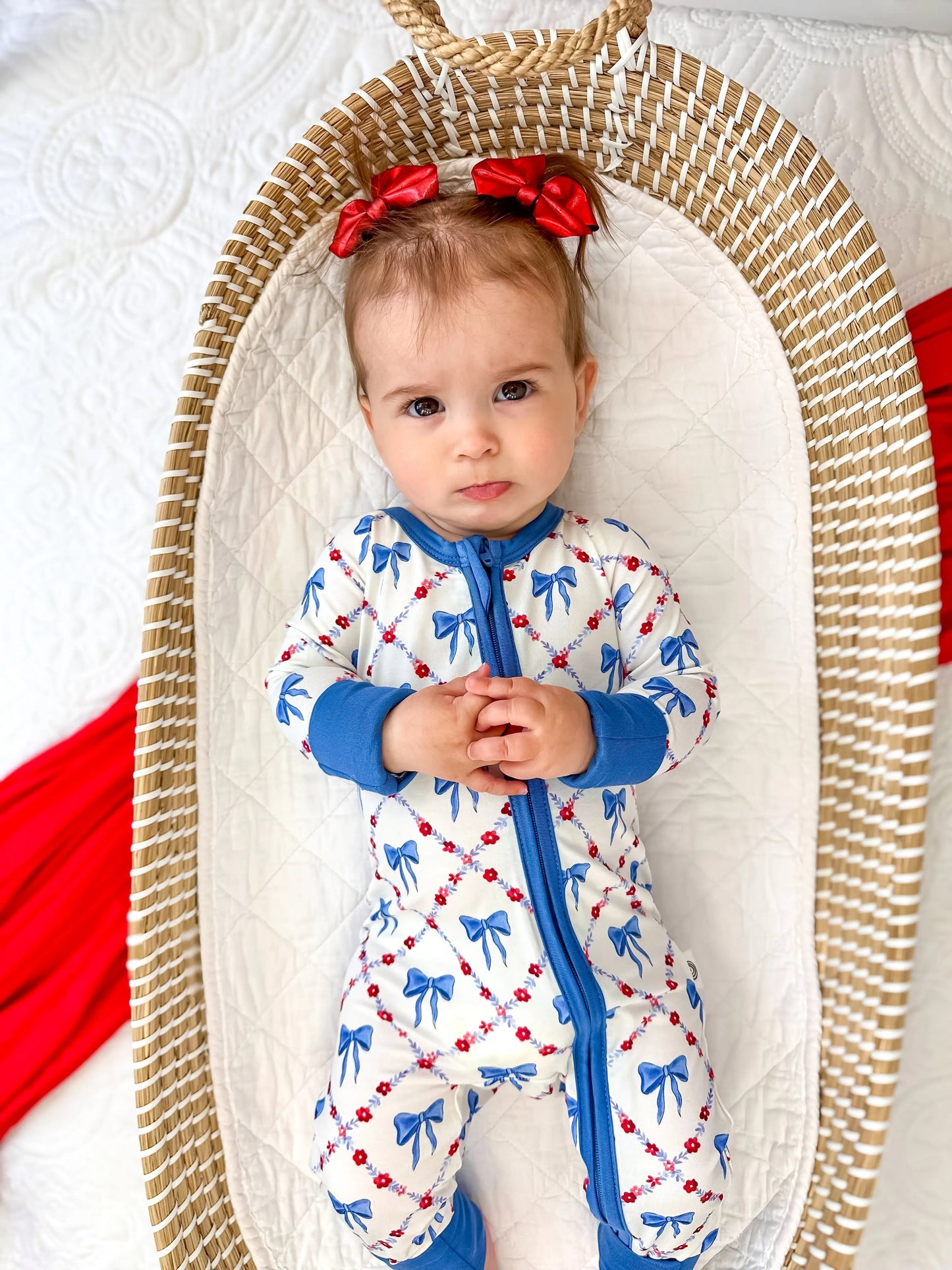 Red White Bows Bamboo Zippy Romper For Baby Girls And Boys Little Joy Co. Everetts Place: Online Boutique