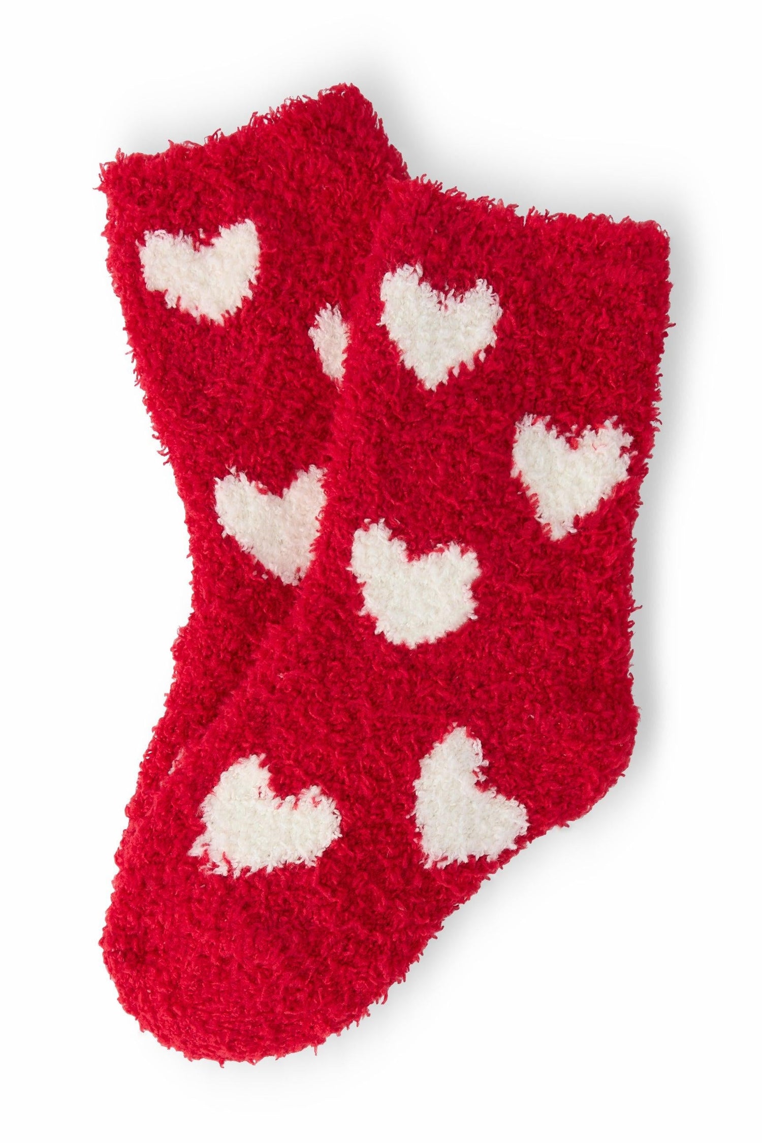 Pair of red and coconut heart-print cozy socks for little feet