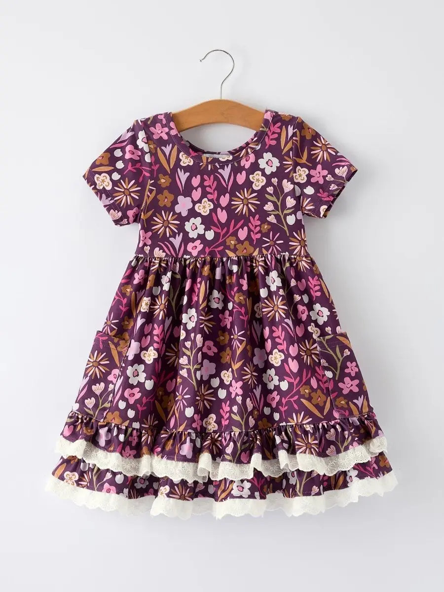 Rylee Faith Designs Retro Floral Print Short Sleeve Girls Dress with Pockets - 