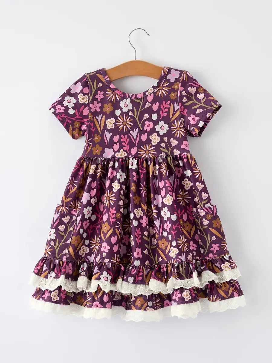 Rylee Faith Designs Retro Floral Print Short Sleeve Girls Dress with Pockets - 