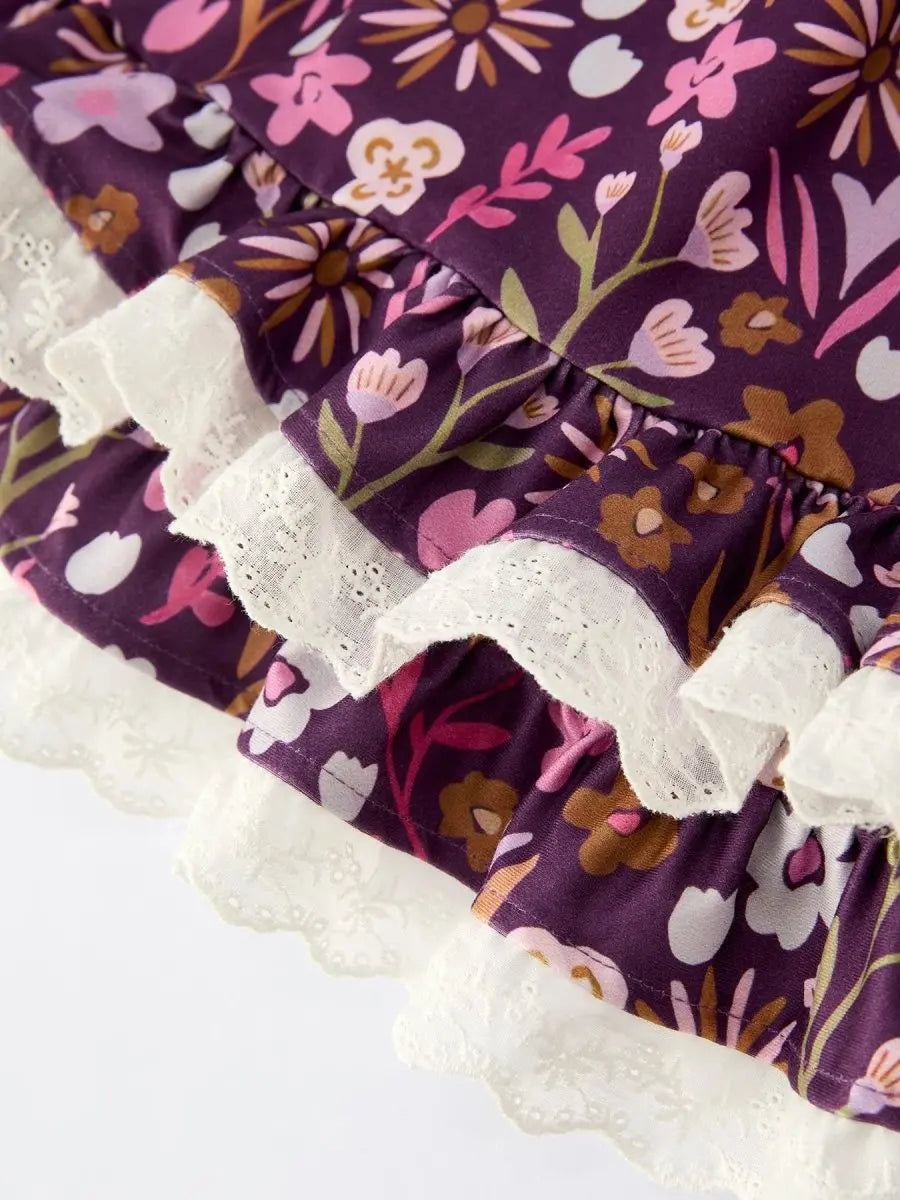 Rylee Faith Designs Retro Floral Print Short Sleeve Girls Dress with Pockets - 