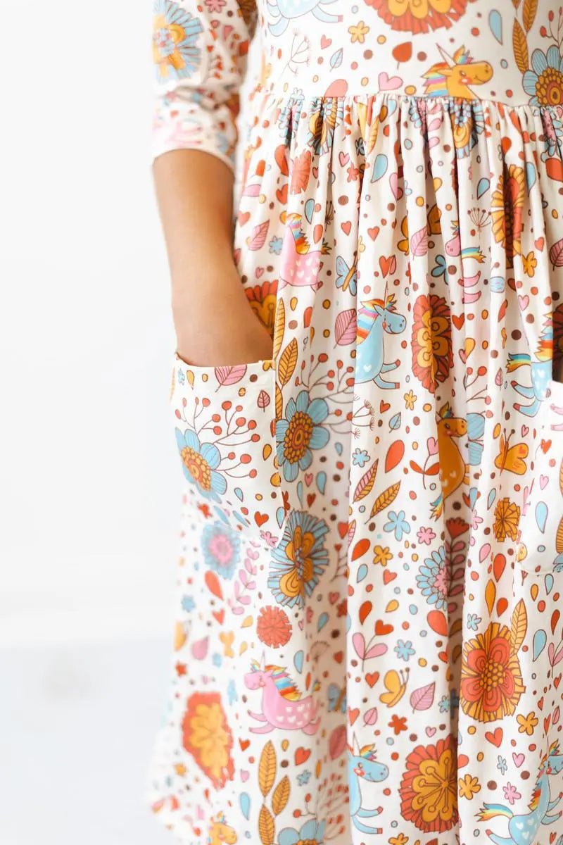 Mila & Rose ® Retro Unicorns Three Quarter Sleeve Pocket Twirl Dress - Everetts Place Boutique - 