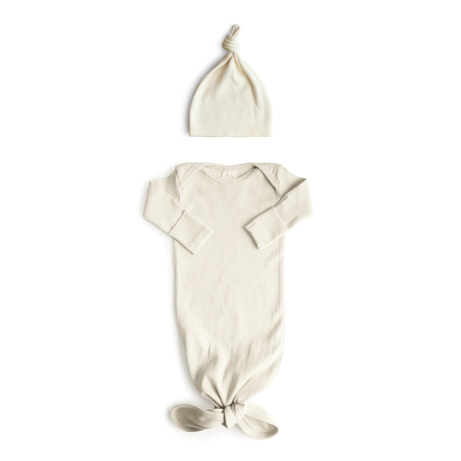 Mushie Ribbed Knotted Baby Gown and Beanie Set Made with Organic Cotton - Apparel & Accessories > Clothing > Baby & Toddler Clothing > Baby & Toddler Sleepwear Baby Clothes