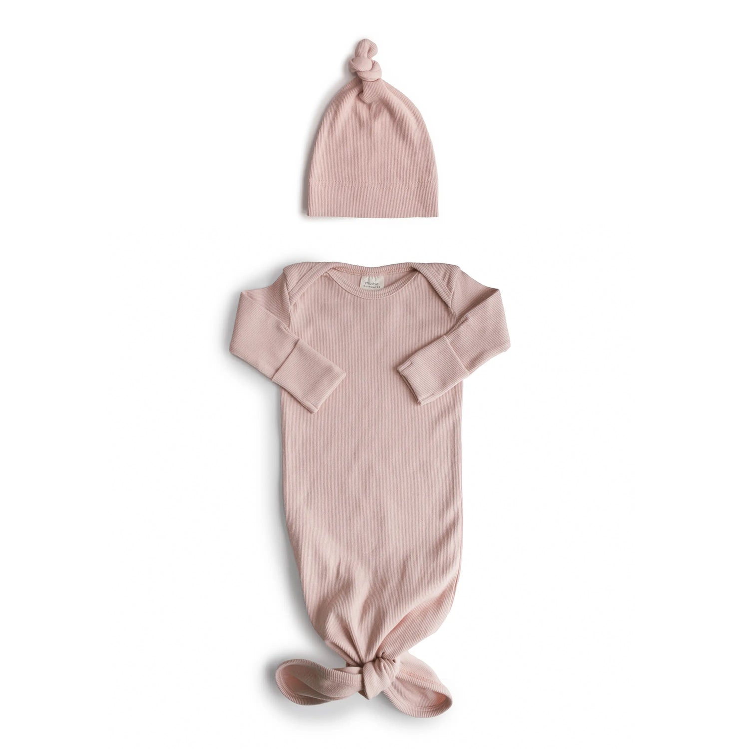 Mushie Ribbed Knotted Baby Gown and Beanie Set Made with Organic Cotton - Apparel & Accessories > Clothing > Baby & Toddler Clothing > Baby & Toddler Sleepwear Baby Clothes