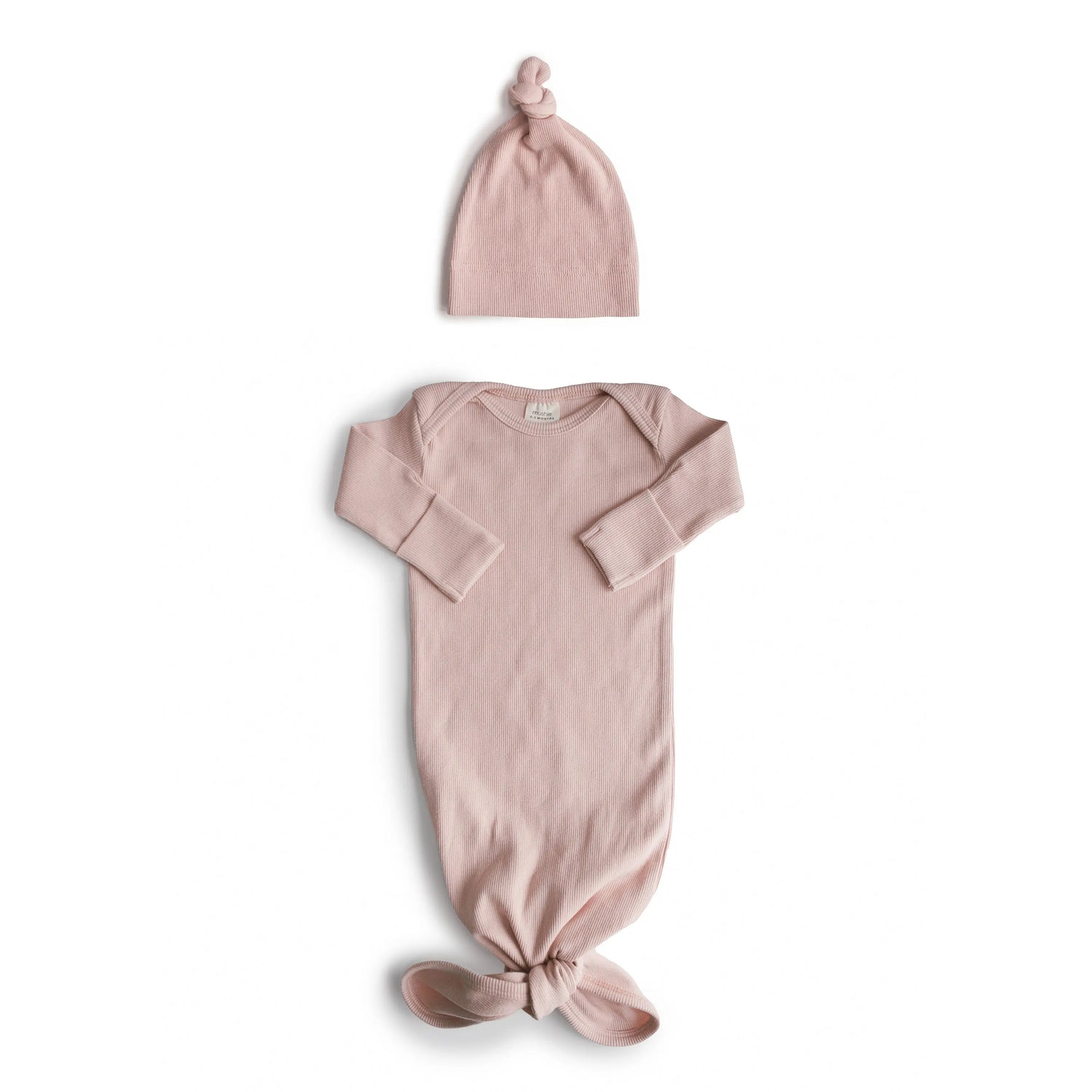 Mushie Ribbed Knotted Baby Gown and Beanie Set Made with Organic Cotton - Apparel & Accessories > Clothing > Baby & Toddler Clothing > Baby & Toddler Sleepwear Baby Clothes