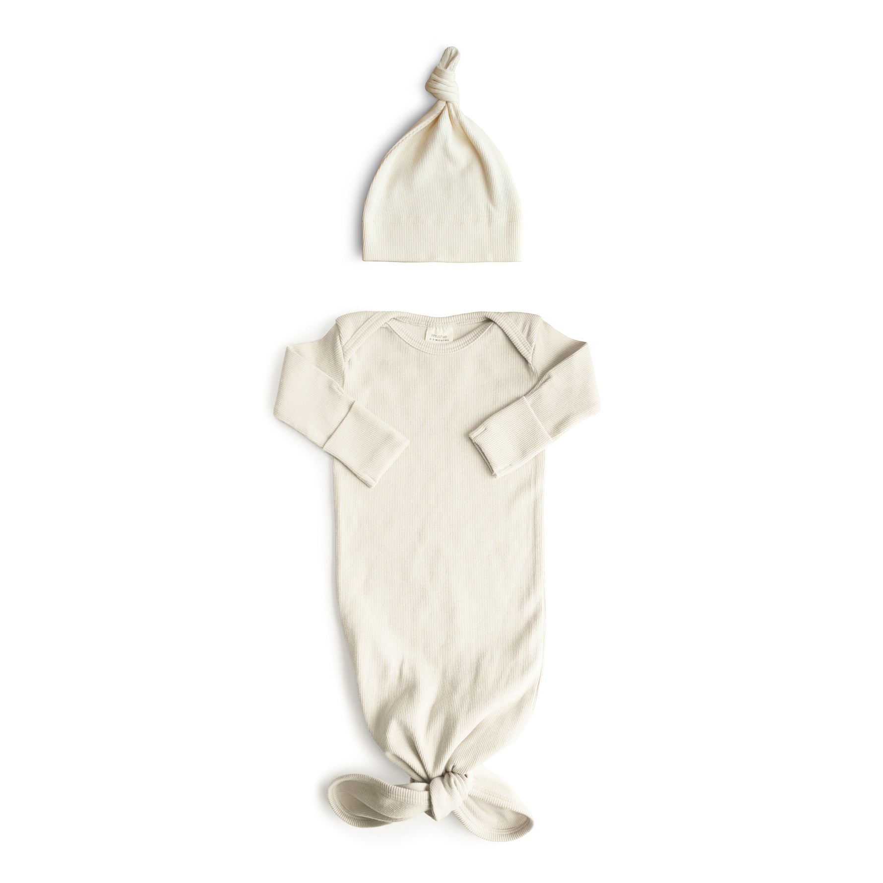 Organic Cotton Rib Knit Knotted Gown and Beanie Set by Mushie