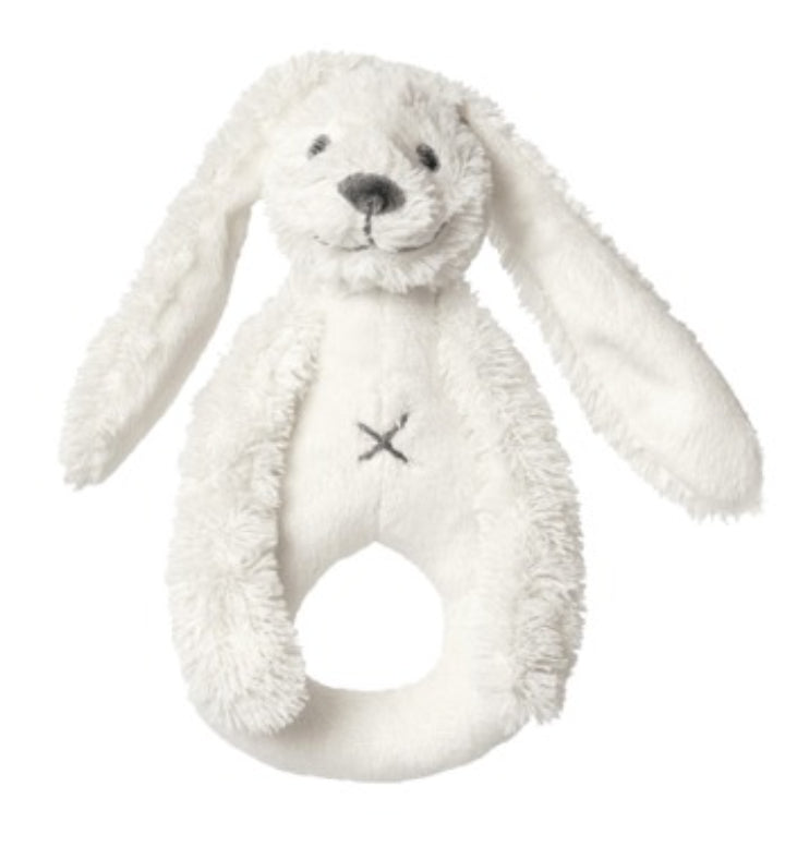 Ivory soft rabbit baby rattle with long ears and a rounded body