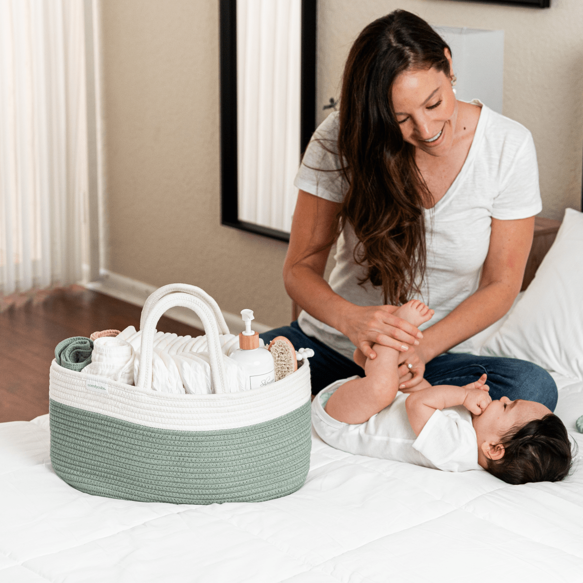 Comfy Cubs Rope Diaper Caddy Sage Nursery Organizer For Baby Basics - Everetts Place Boutique - 