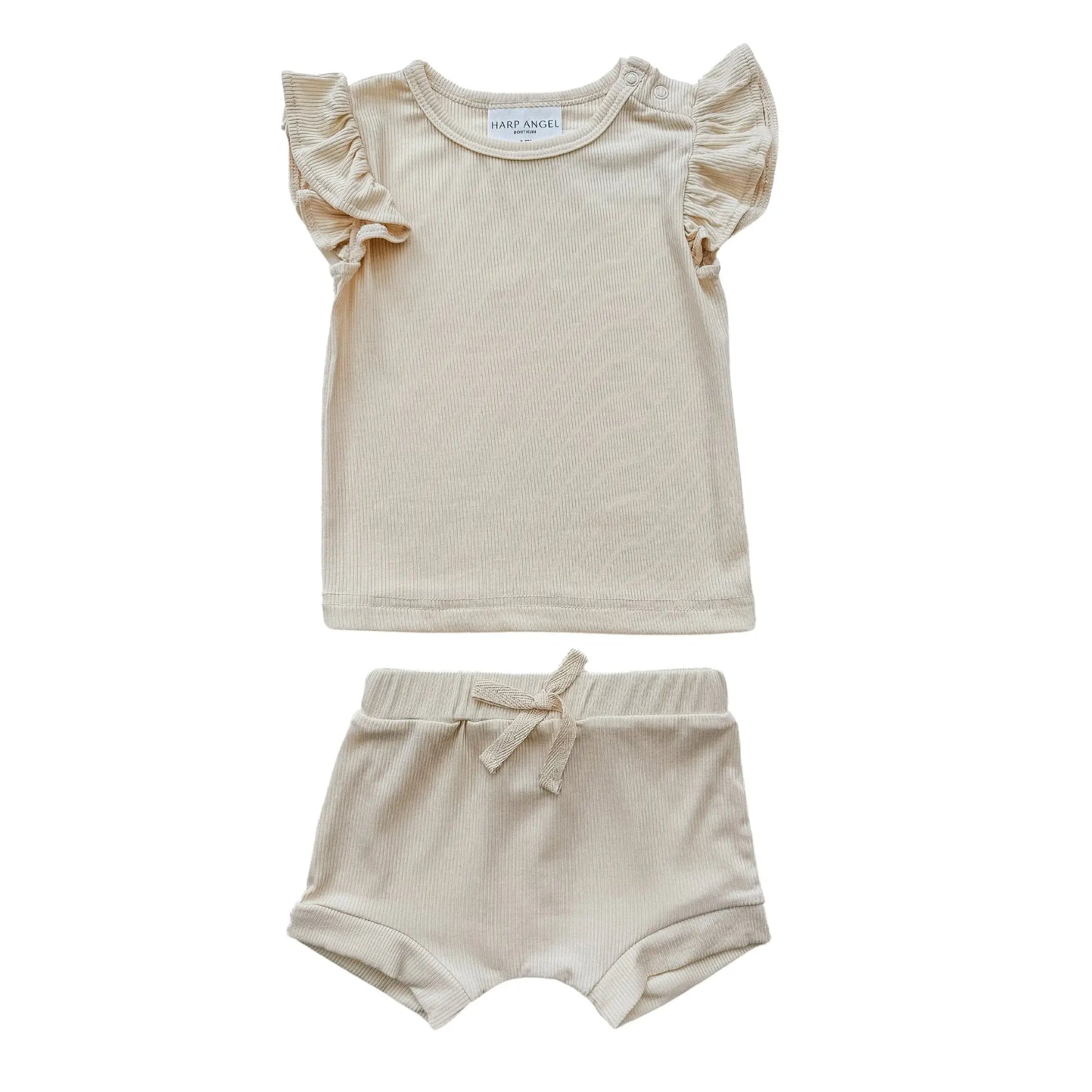 Ruffle Ribbed Short Set - Cream Harp Angel Boutique