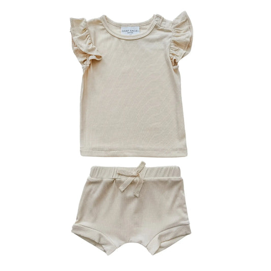 Ruffle Ribbed Short Set - Cream Harp Angel Boutique