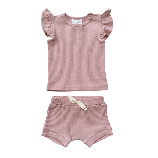 Ruffle Ribbed Short Set - Dusty Rose Harp Angel Boutique