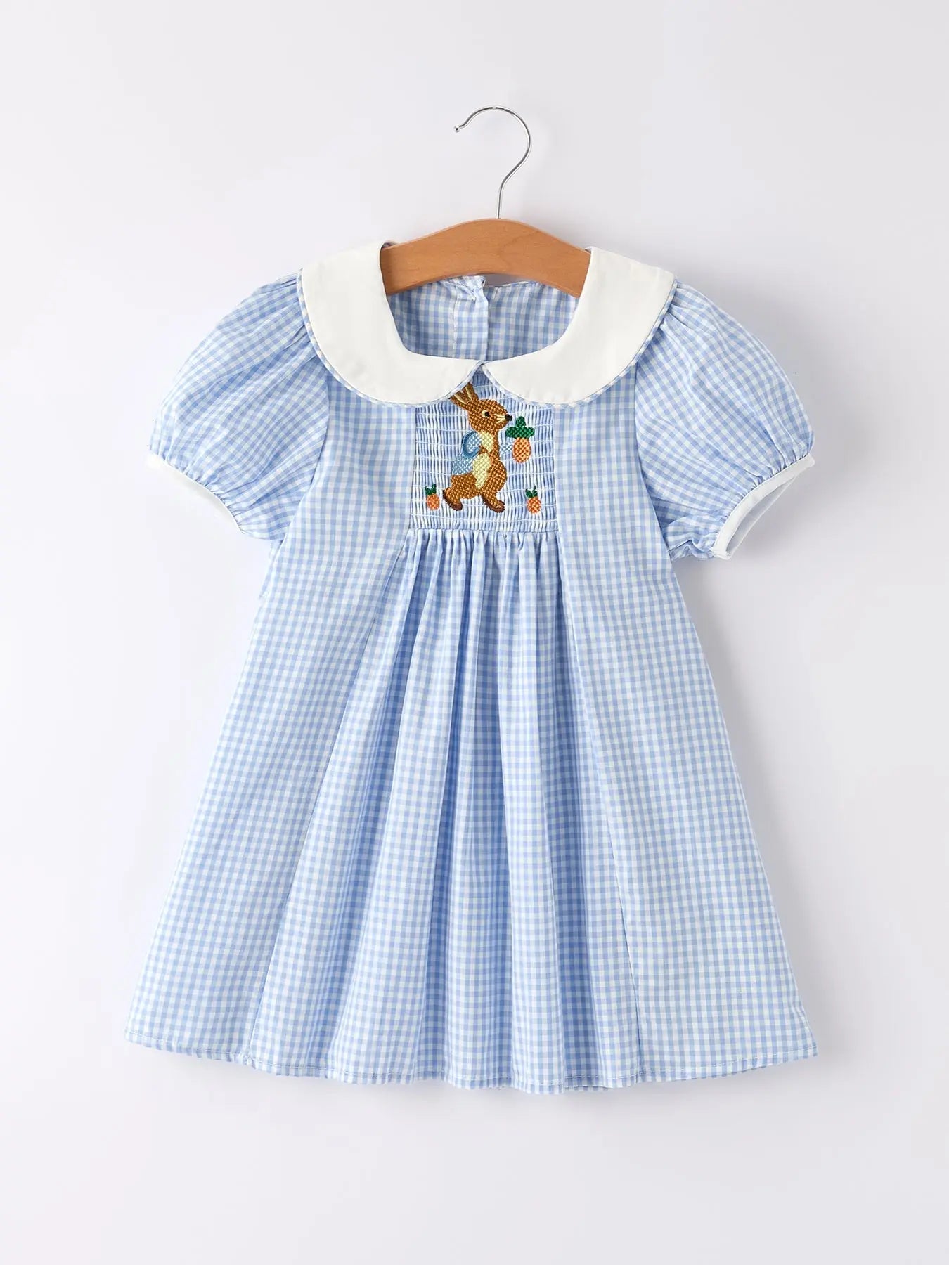 Rylee Faith Blue Rabbit Embroidery Plaid Baby Collar Dress 100 Percent Cotton Rylee Faith Designs 