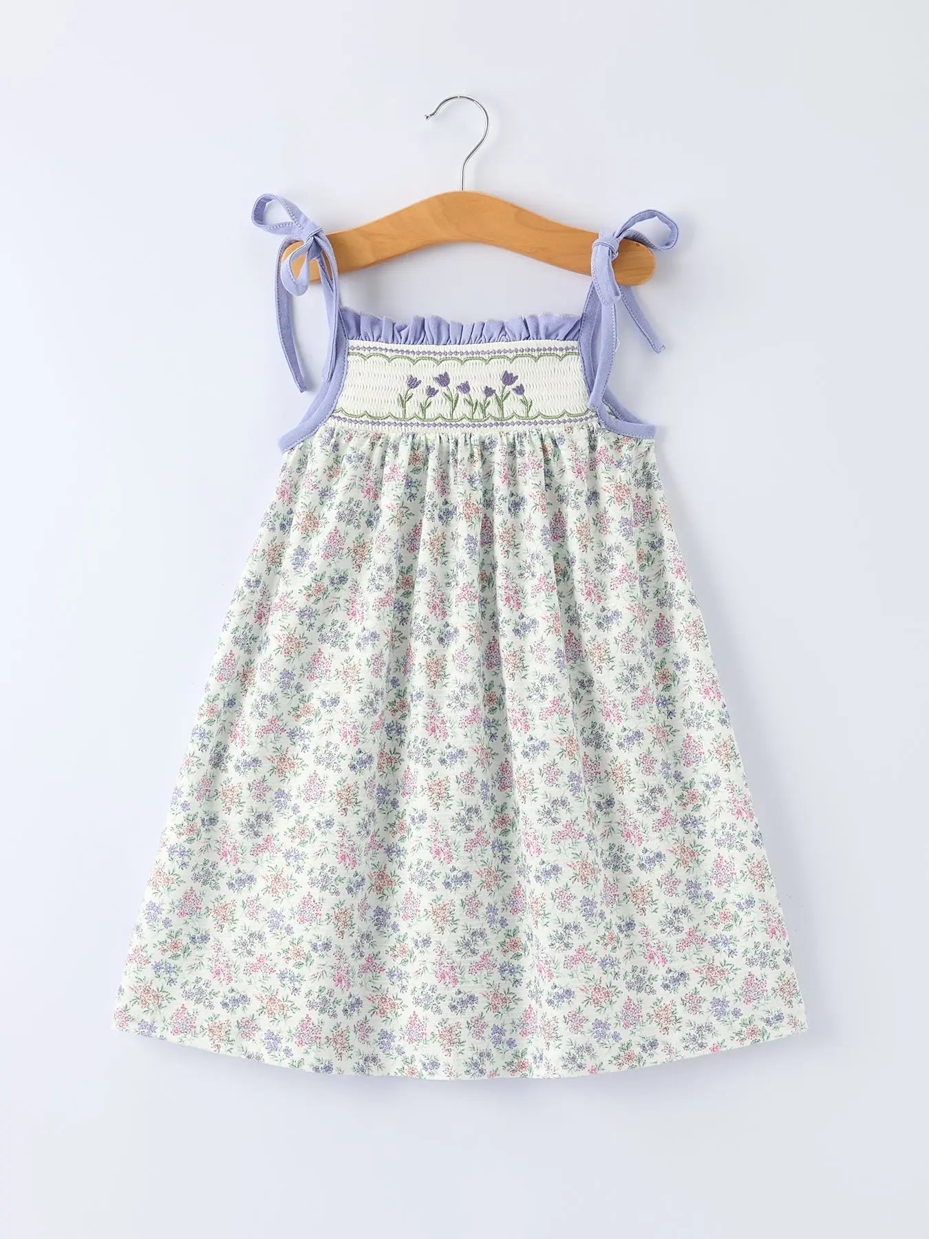 Rylee Faith Designs Spring Purple Floral Embroidered Smocked Bow Girl Dress - 