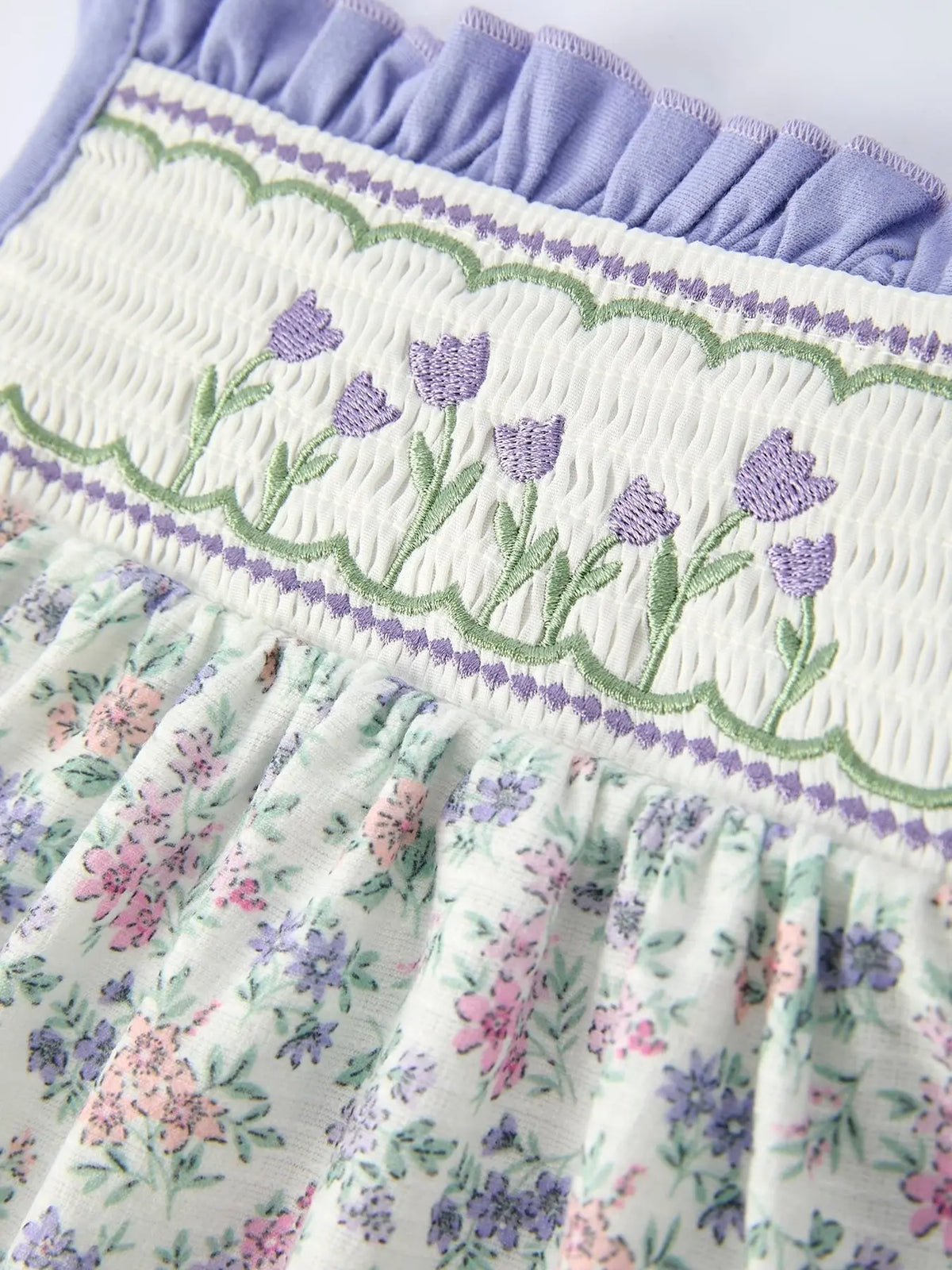 Rylee Faith Designs Spring Purple Floral Embroidered Smocked Bow Girl Dress - 