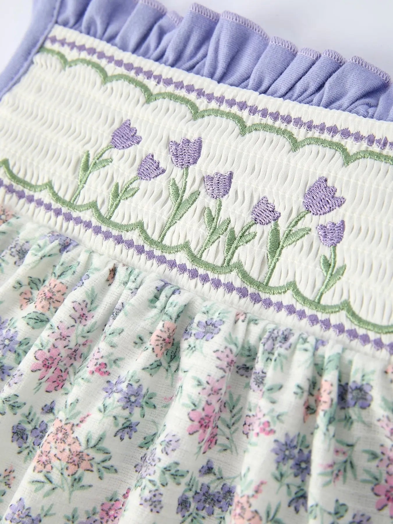 Rylee Faith Designs Spring Purple Floral Embroidered Smocked Bow Girl Dress - 