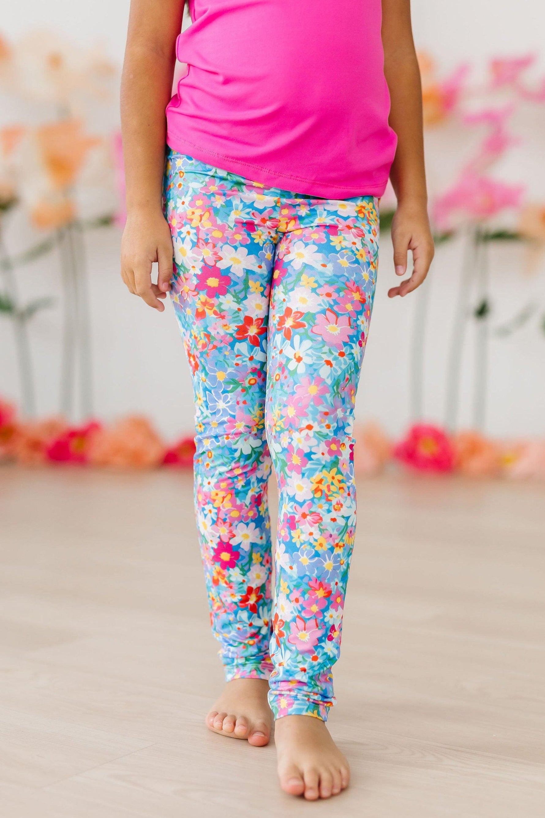 Mila & Rose baby Preppy Floral Leggings with pink and blue flowers.