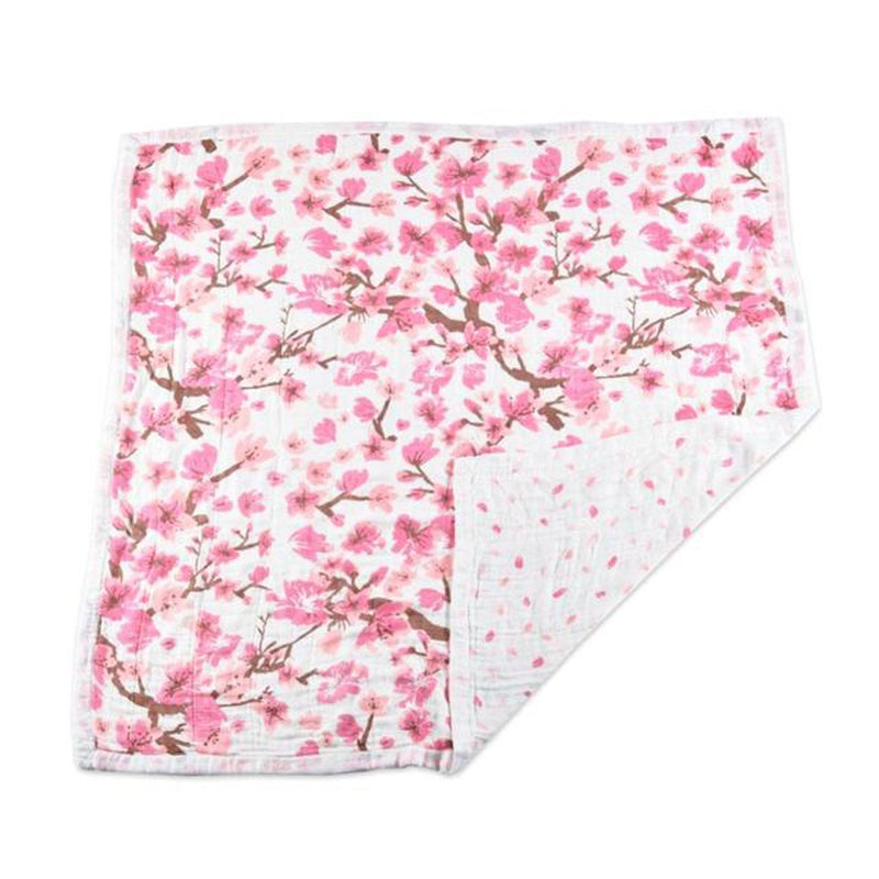 Cherry Blossom Bamboo Muslin Newcastle Blanket with pink floral pattern, made of four-layer 100% natural bamboo muslin, size 47" x 47".