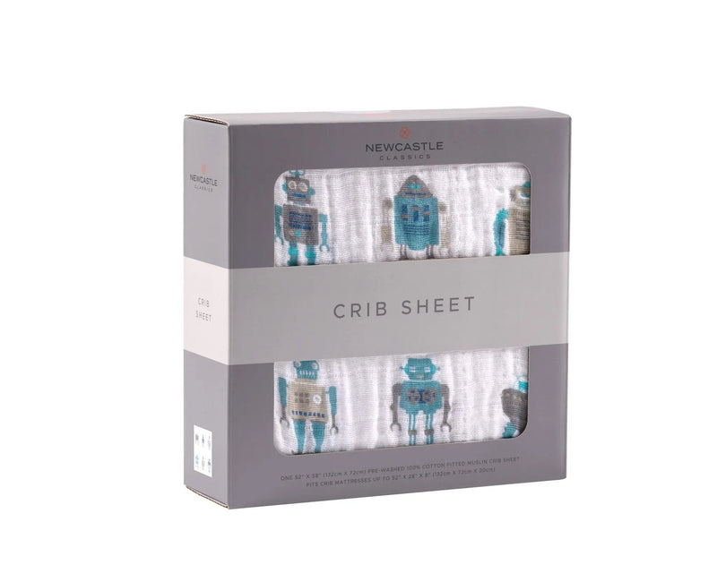Robot Cotton Muslin Crib Sheet in packaging, breathable and comfy for all seasons, size 28"x52".