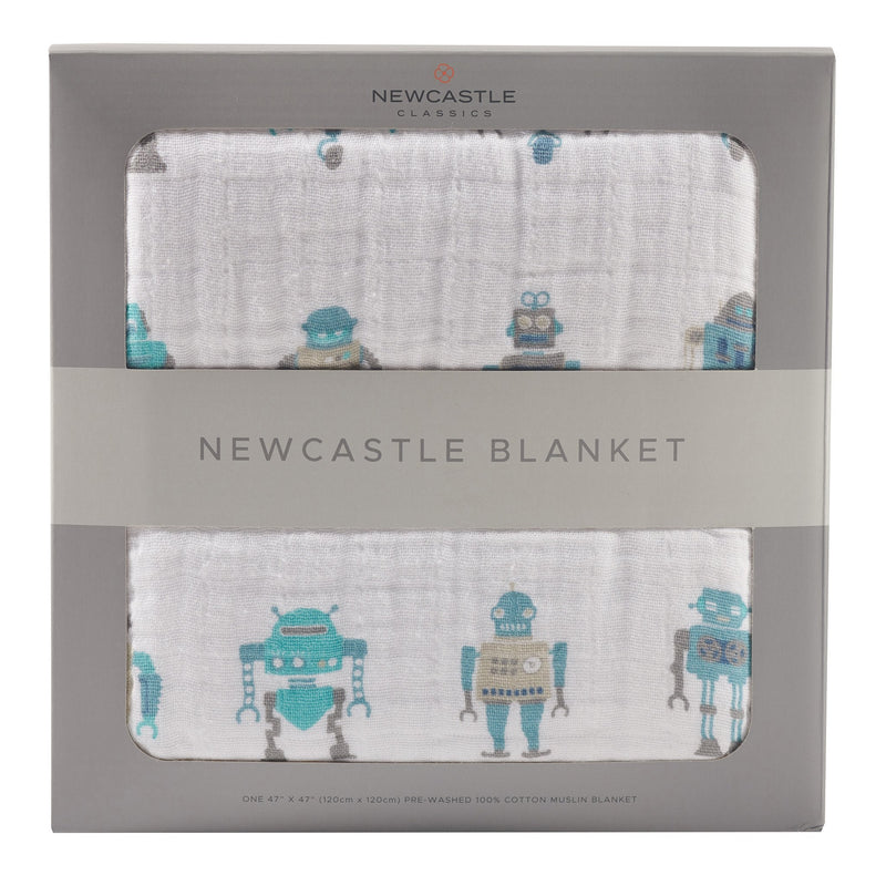 Robots Cotton Muslin Newcastle Blanket in packaging, featuring robot design.