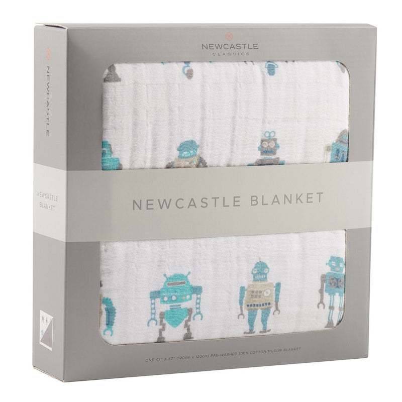Robots pattern cotton muslin Newcastle blanket in packaging.