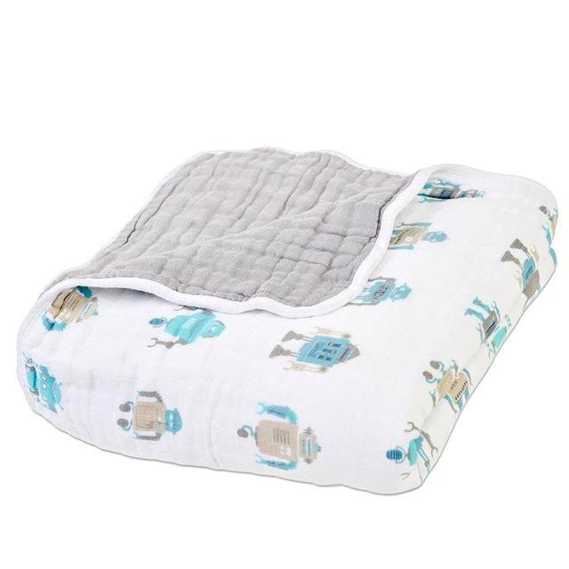 Robots Cotton Muslin Newcastle Blanket, soft 100% natural cotton, 47"x47" size.