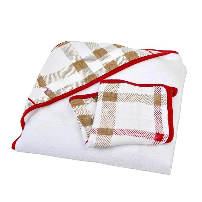 Plaid cotton hooded towel and washcloth set with red trim.