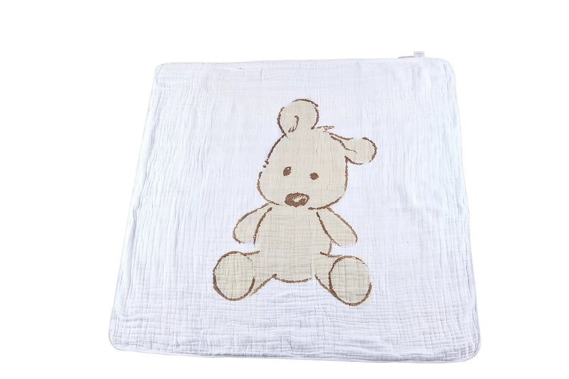 Teddy bear design on soft cotton muslin blanket.