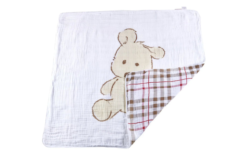 Teddy bear and plaid cotton muslin Newcastle blanket, soft and breathable for kids.