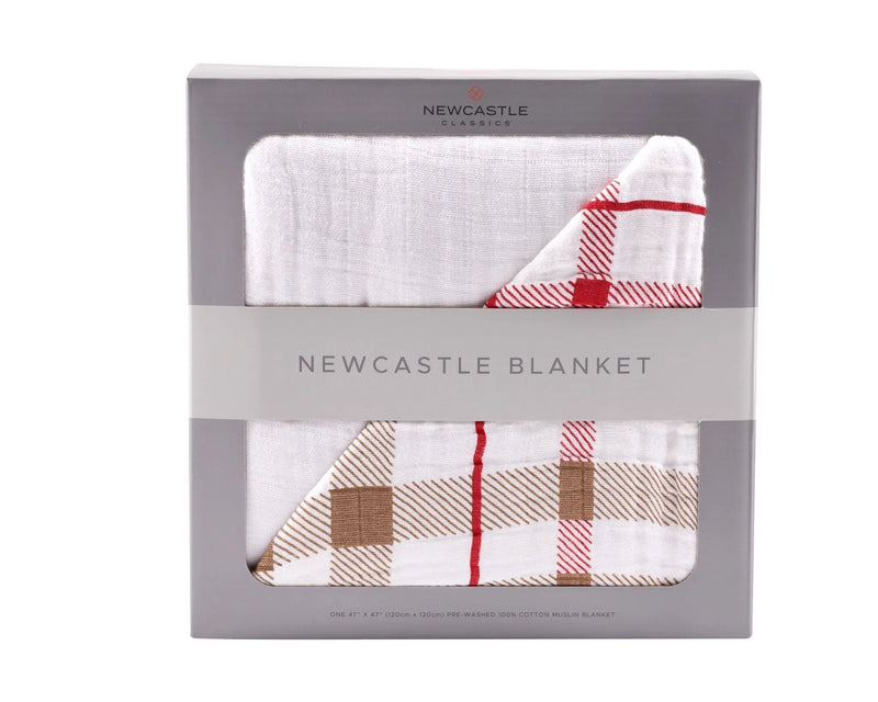 Teddy Bear and Plaid Newcastle Cotton Muslin Blanket in packaging.