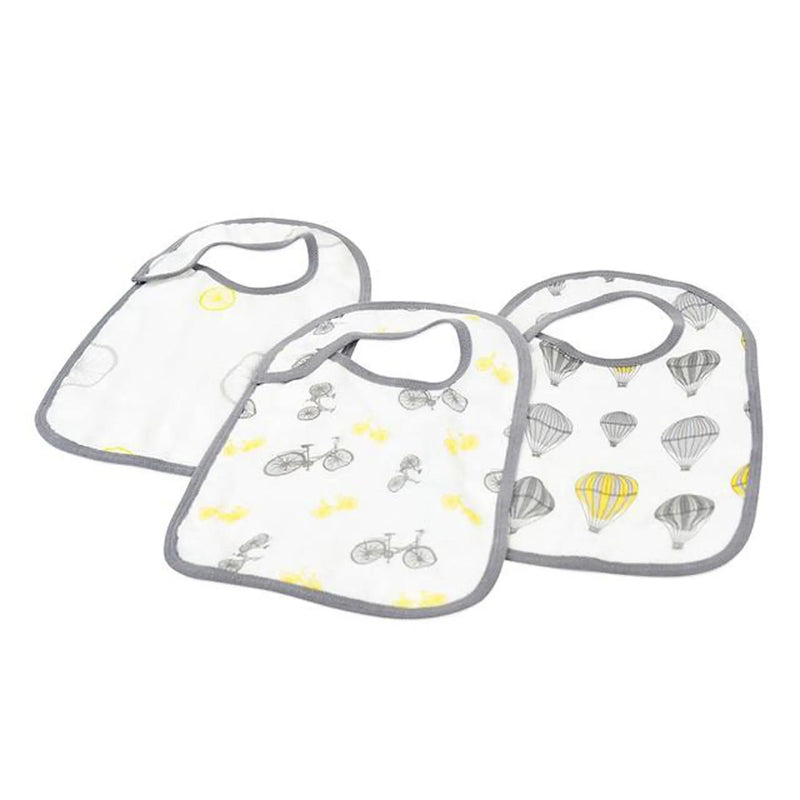 Traveler Bamboo Muslin Snap Bibs 3PK with stylish patterns and front snaps for a perfect fit.