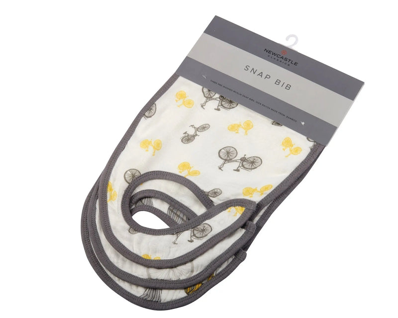 Traveler Bamboo Muslin Snap Bibs 3PK, soft bamboo fabric, gray trim, bicycle print, front snaps.
