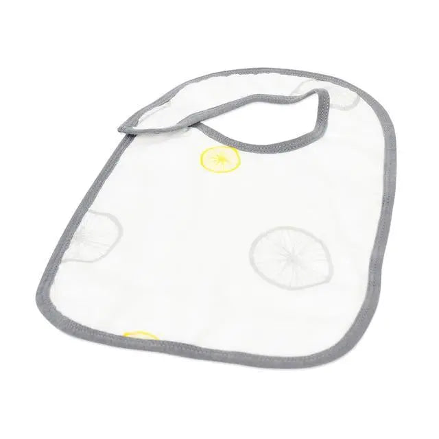 Traveler Bamboo Muslin Snap Bib with bike pattern, featuring secure snaps and absorbent fabric.