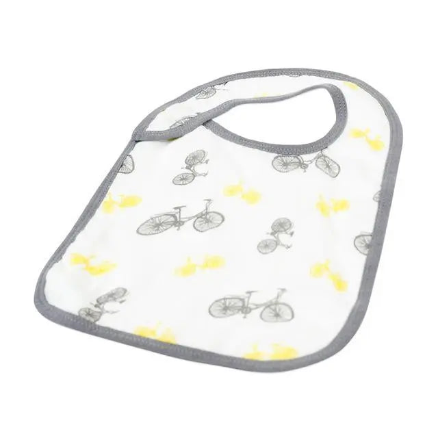 Traveler Bamboo Muslin Snap Bib featuring bicycle pattern, soft bamboo fabric, gray trim